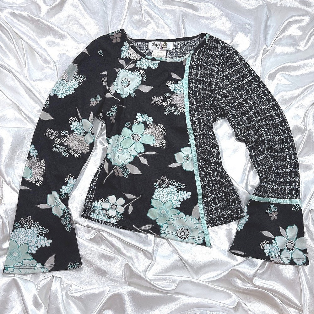y2k Mixed Print Blouse Black Excellent Floral Plaid Flared Sleeve She's The 1 L
